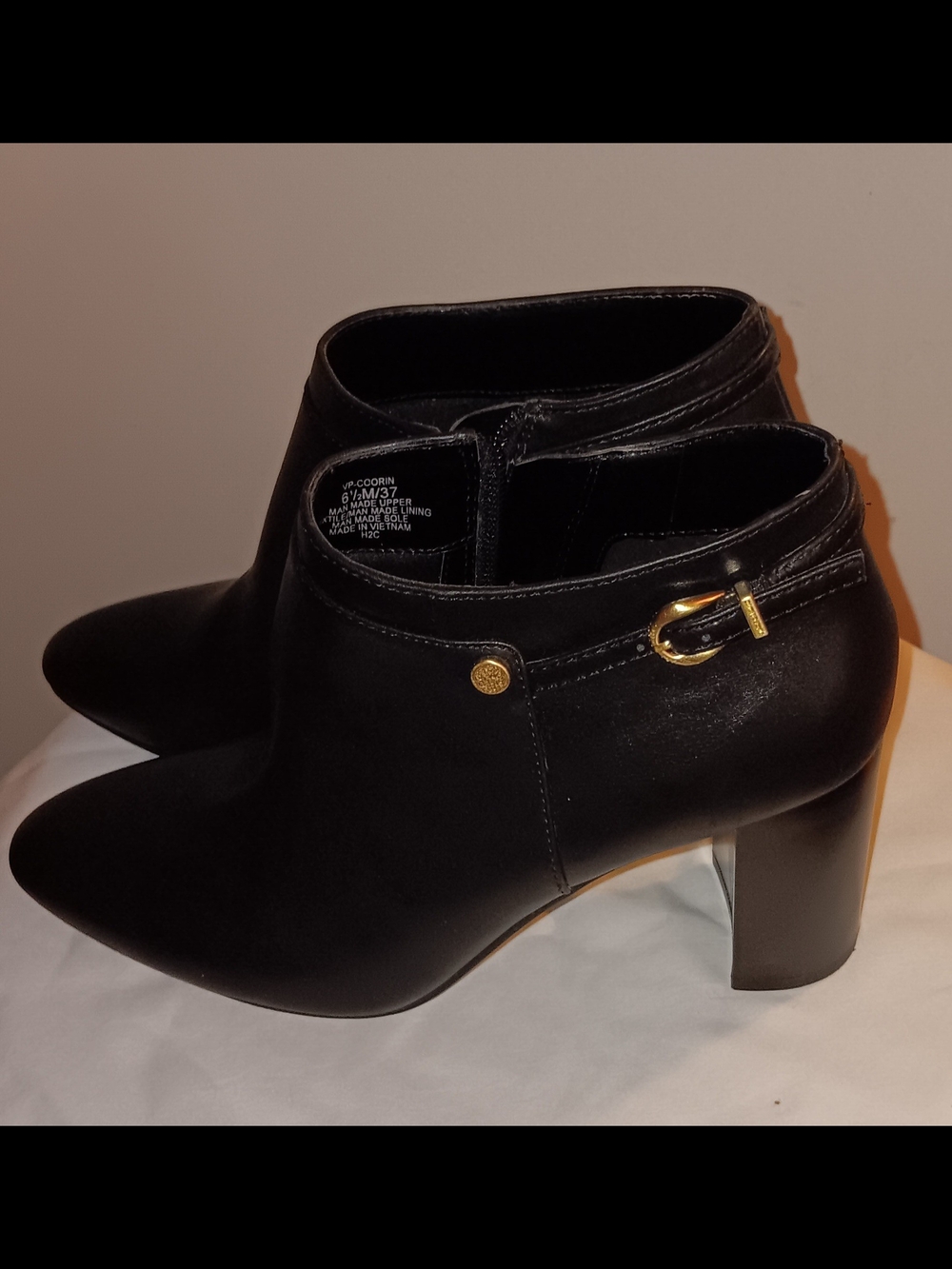 Vince Camuto Black Leather Ankle Booties with Gold Buckle